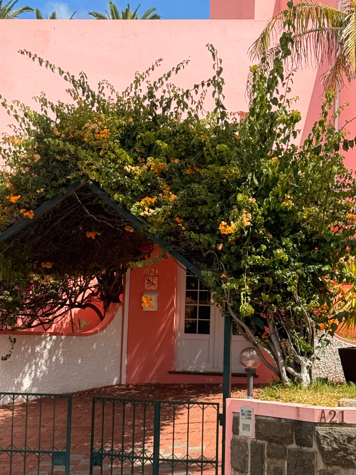 Villa entrance framed by a green foliage archway dotted with small orange flowers